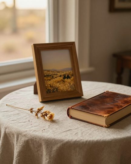 A framed photograph of a golden landscape, a worn leather book, and a dried flower on a linen-covered table in warm afternoon light.
