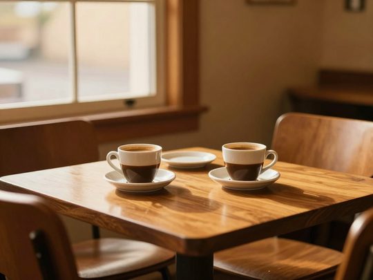 Two cups of coffee on a wooden table between two chairs by a sunlit window.