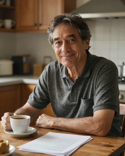 A man in his mid-sixties sitting calmly with a cup of coffee at his sunlit kitchen table.