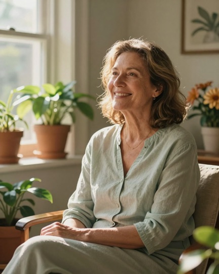 A woman in her sixties smiling warmly in a bright sunroom filled with green plants.