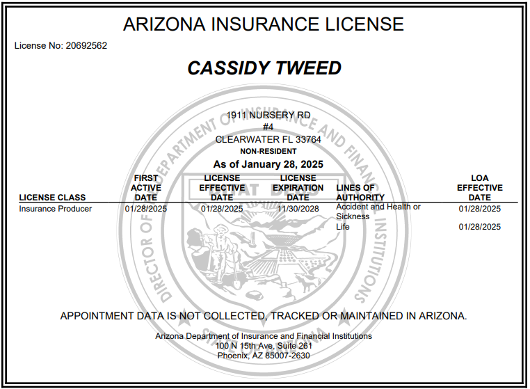 Cassidy Tweed's Arizona insurance producer license.