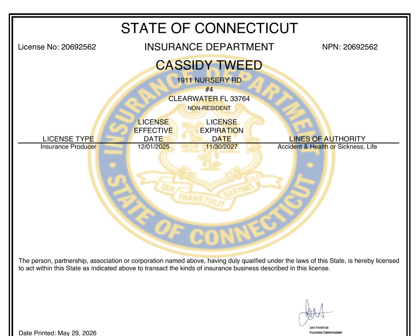 Cassidy Tweed's Connecticut insurance producer license.