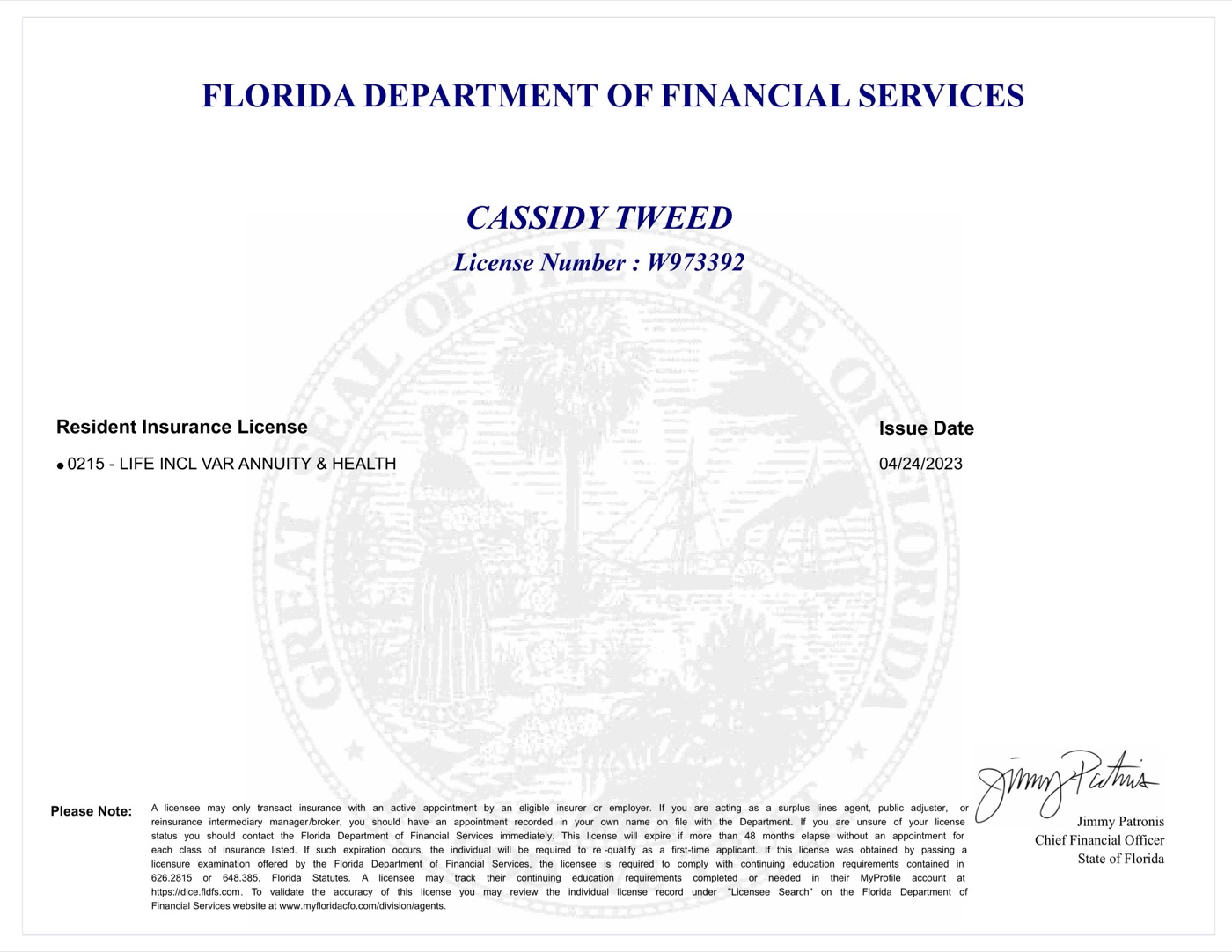 Cassidy Tweed's Florida insurance producer license.