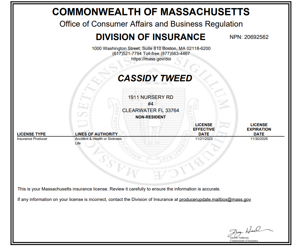 Cassidy Tweed's Massachusetts insurance producer license.