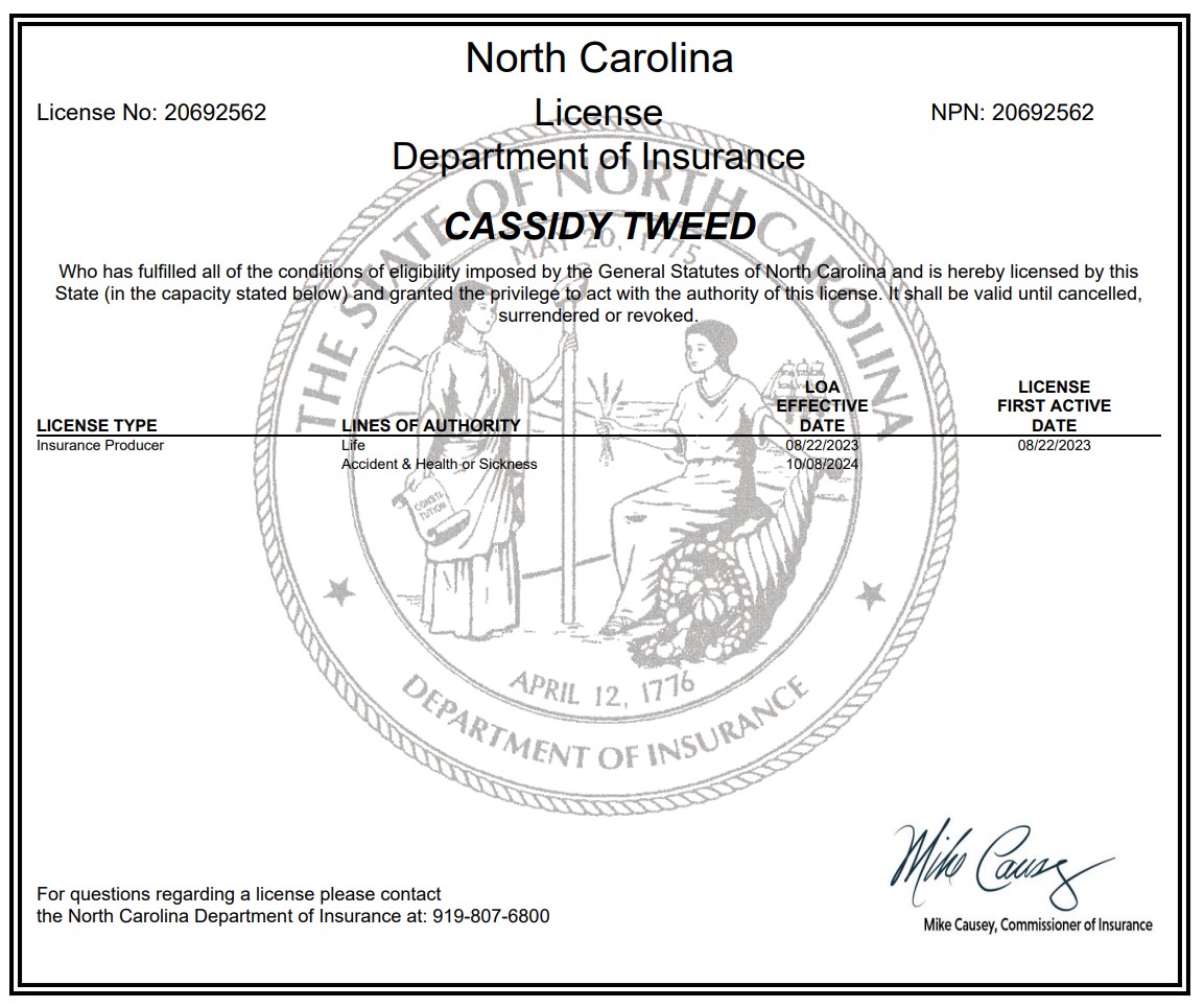 Cassidy Tweed's North Carolina insurance producer license.