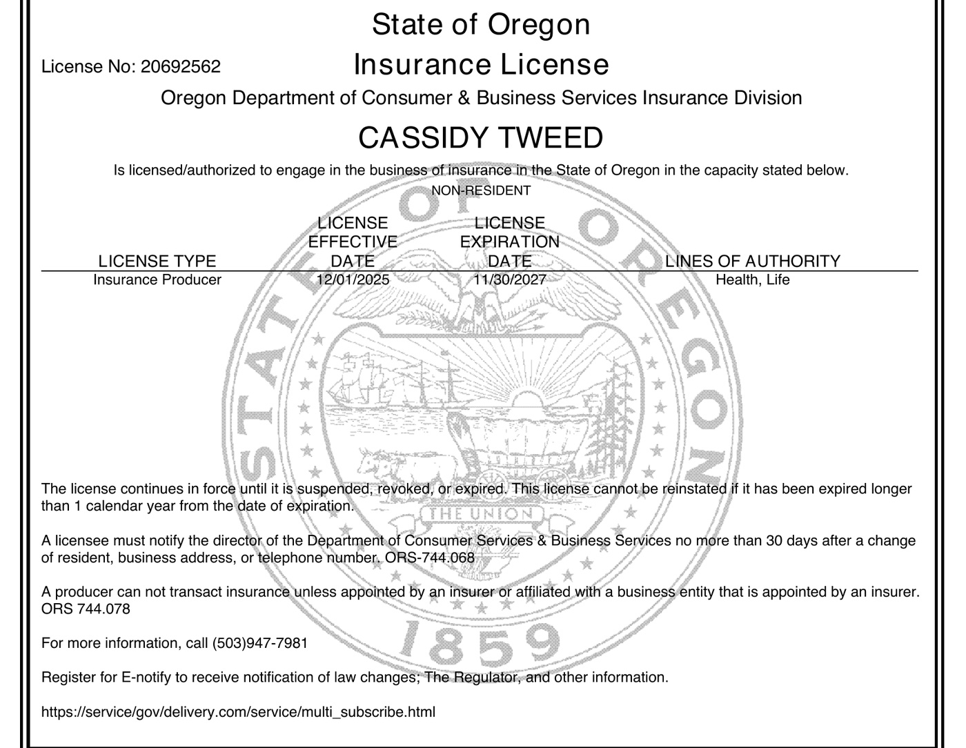 Cassidy Tweed's Oregon insurance producer license.